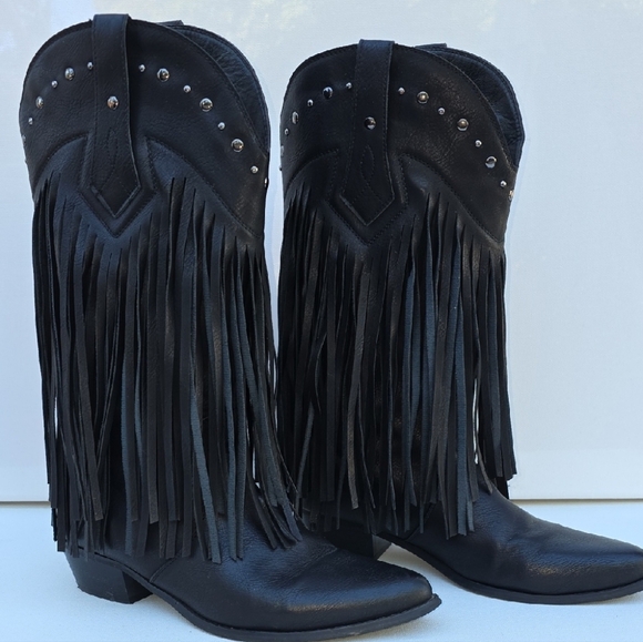 Shesole Shoes - 466. SheSole Black Fringe Studded Cowboy Boots - Size 39 (US 8-8.5)